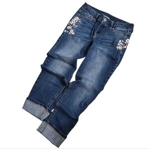 Time and Tru Boho Floral Embroidered Straight Leg Cropped Cuffed Jeans Size 6